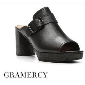 Donald J. Pliner Gramercy Black Leather Square Toe Buckle Slip On Heels Shoes 6